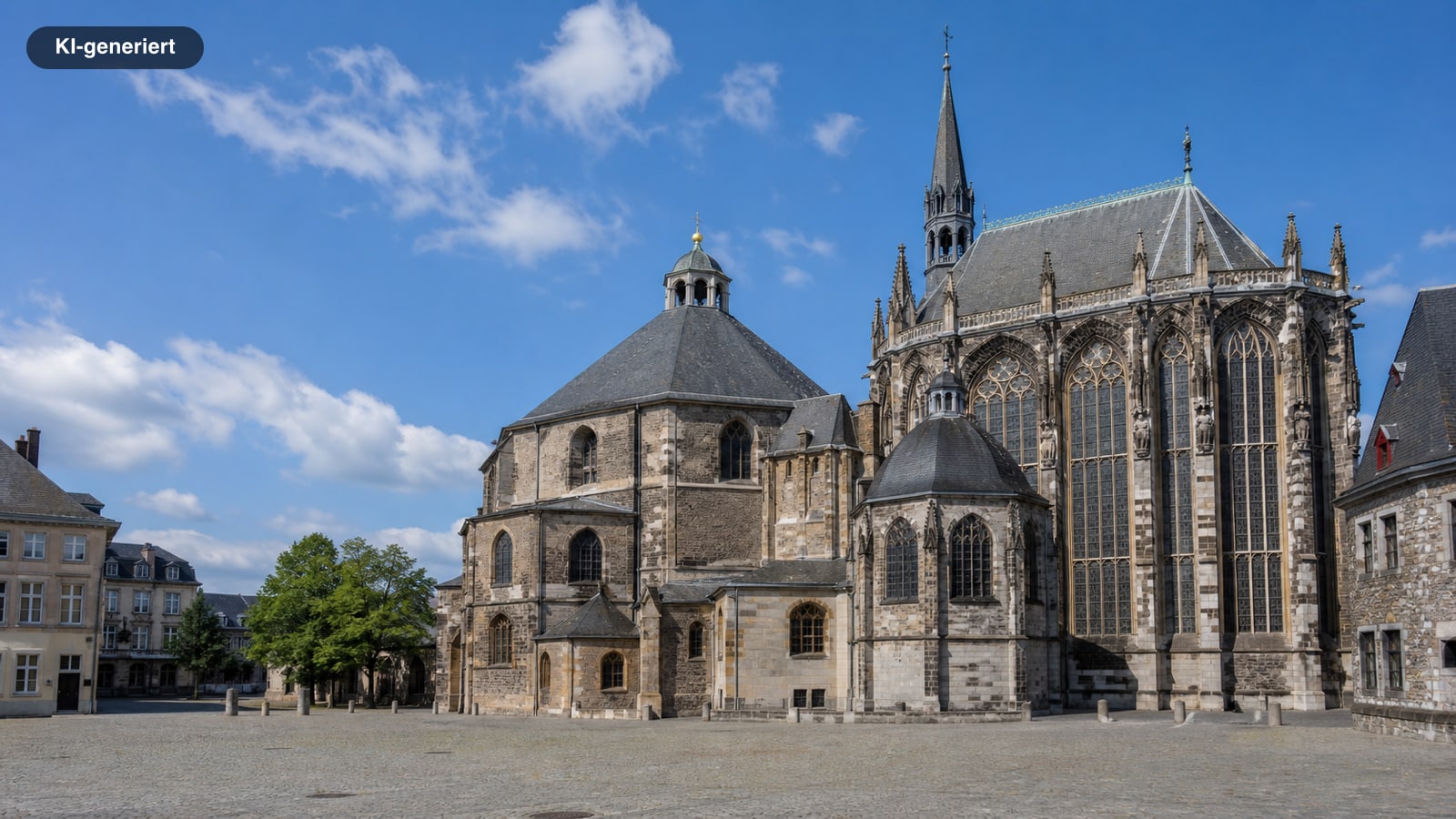 Der Aachener Dom vom Katschhof: karolingisches Oktogon und gotische Chorhalle (KI-generiertes Symbolbild)