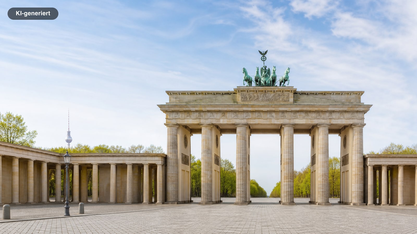 Brandenburger Tor in Berlin mit der Quadriga, dahinter der Fernsehturm (KI-generiertes Symbolbild)