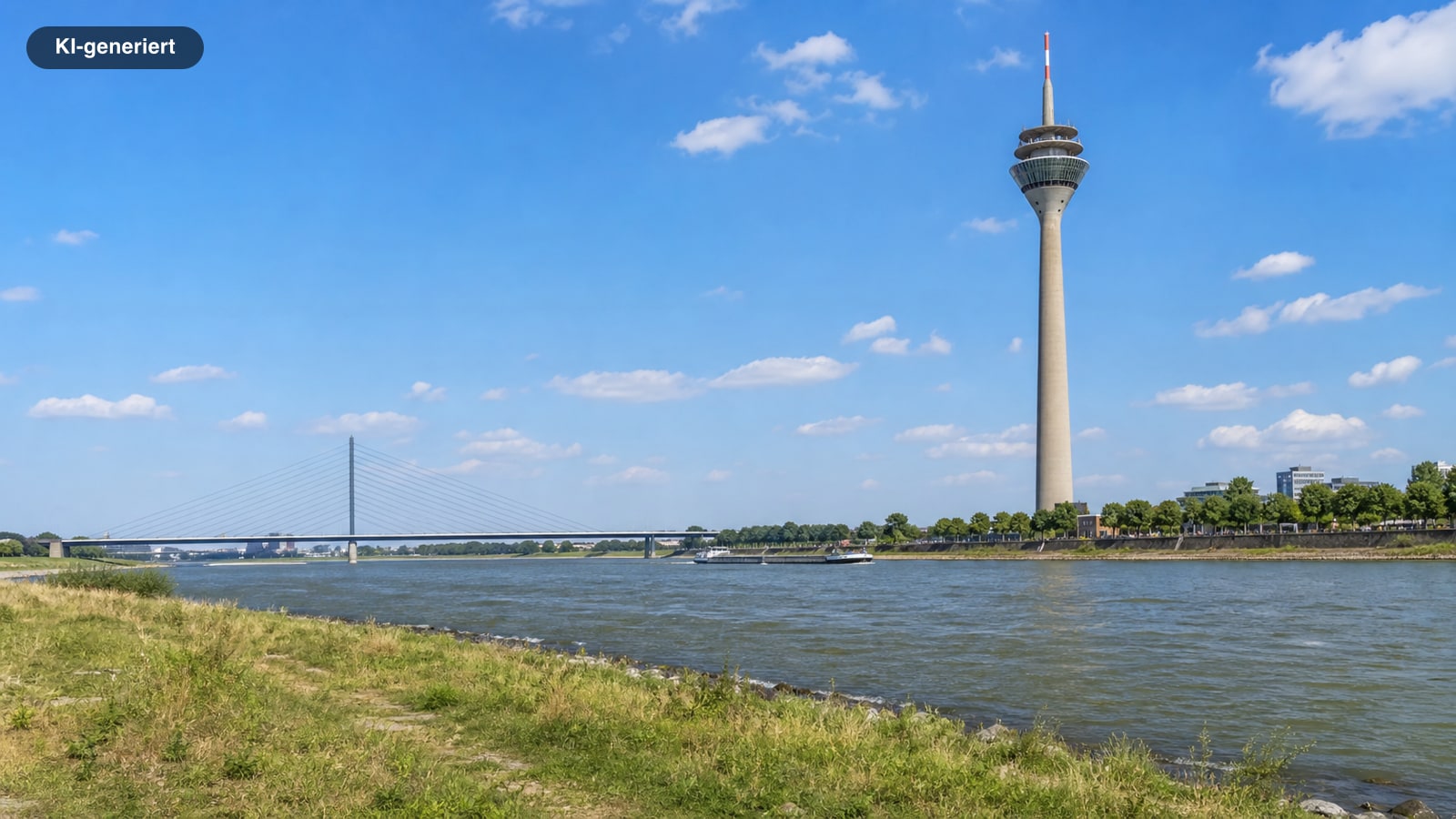 Blick über den Rhein auf Düsseldorf: der Rheinturm, daneben eine Schrägseilbrücke und die Uferpromenade (KI-generiertes Symbolbild)
