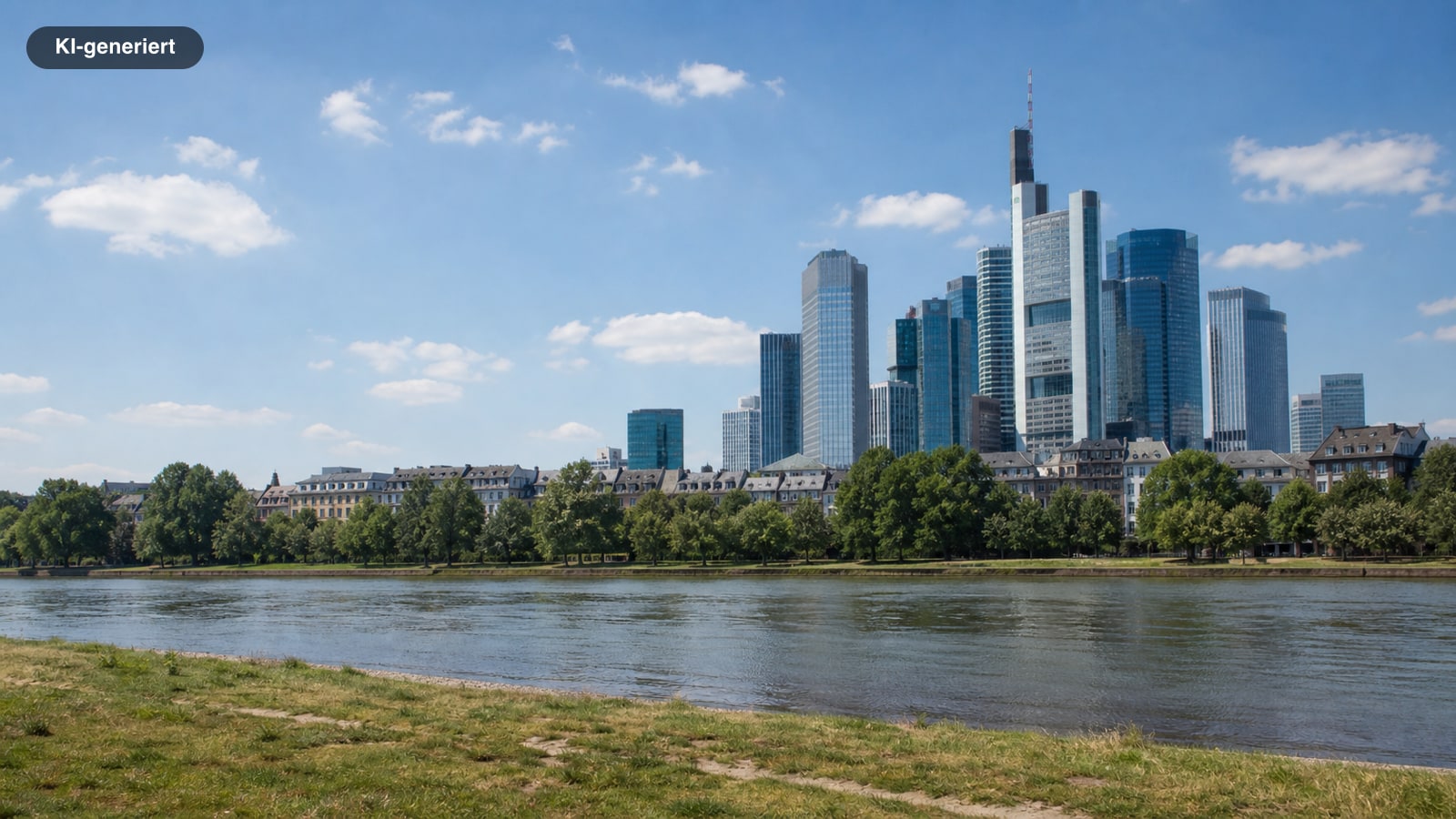 Frankfurter Skyline vom Mainufer aus, davor die Uferwiese (KI-generiertes Symbolbild)