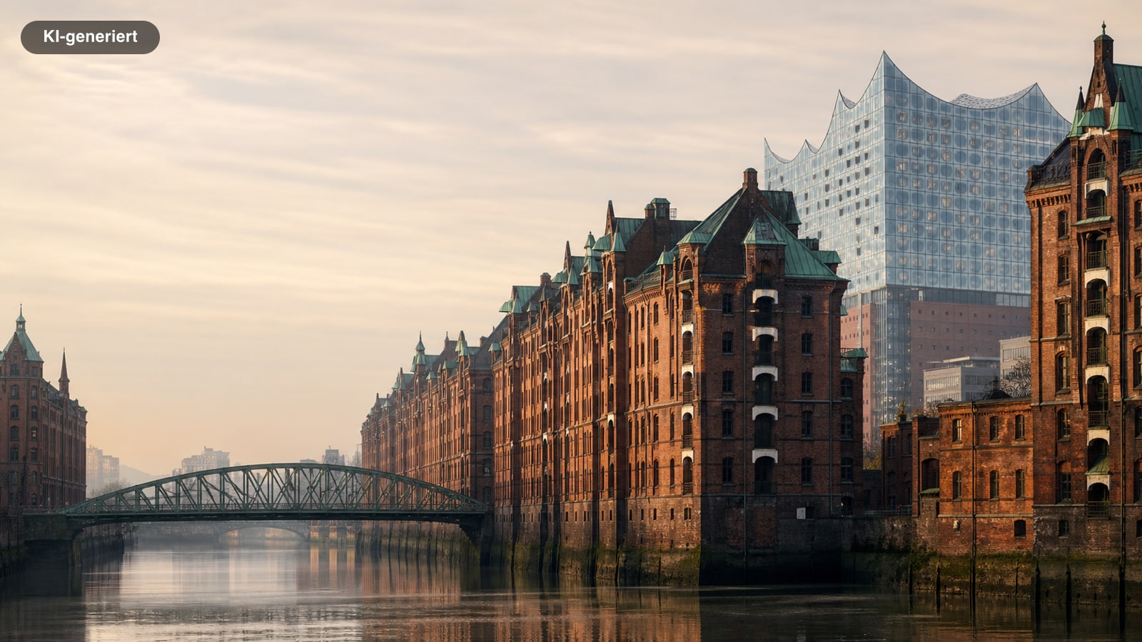 Speicherstadt Hamburg am Fleet, dahinter die Elbphilharmonie (KI-generiertes Symbolbild)