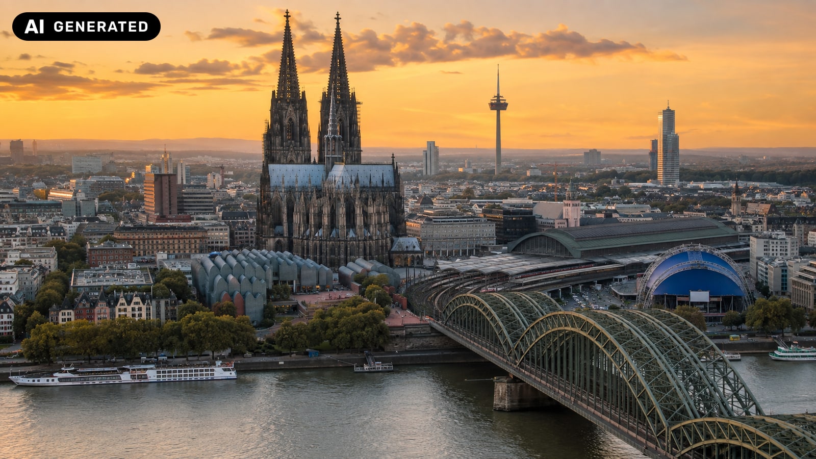 Kölner Dom und Hohenzollernbrücke am Abend (KI-generiertes Symbolbild)