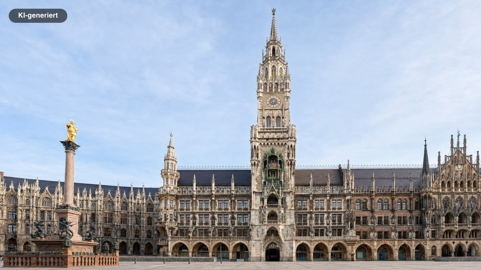 Neues Rathaus am Marienplatz in München, links die Mariensäule (KI-generiertes Symbolbild)